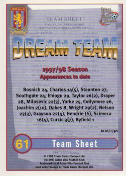 1998 Futera Aston Villa Fans Selection - Foil #61 Team Sheet Back