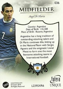 2016 Futera Unique World Football #36 Angel Di Maria Back