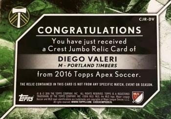 2016 Topps Apex MLS - Crest Jumbo Relics Red Collar #CJR-DV Diego Valeri Back