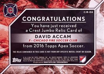 2016 Topps Apex MLS - Crest Jumbo Relics Purple Shield #CJR-DA David Accam Back