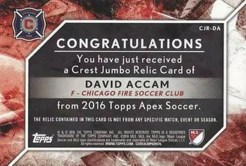 2016 Topps Apex MLS - Crest Jumbo Relics Purple Team #CJR-DA David Accam Back