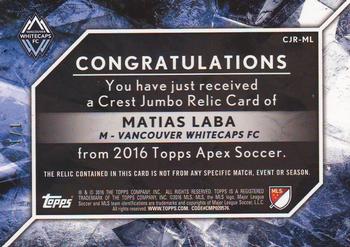 2016 Topps Apex MLS - Crest Jumbo Relics Printing Plates Black #CJR-ML Matias Laba Back