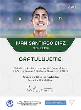 2017-18 SportZoo Futbalové Slovensko - Slovnaft Cup - Podpisove Karty #PS03 Ivan Santiago Diaz Back