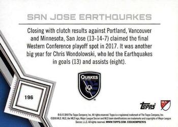 2018 Topps MLS #196 San Jose Earthquakes Back