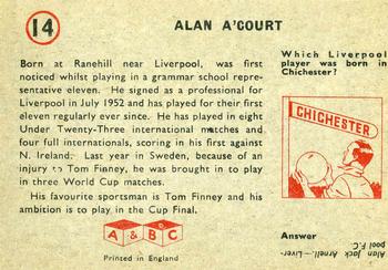 1958-59 A&BC Chewing Gum #14 Alan A'Court Back