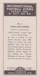 1958 Kane International Football Stars #6 Karl Aage Hansen Back