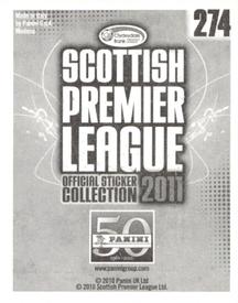 2011 Panini Scottish Premier League Stickers #274 Ross Tokely Back