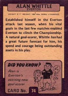1971-72 A&BC Gum English Footballers (Purple Backs) #74 Alan Whittle Back