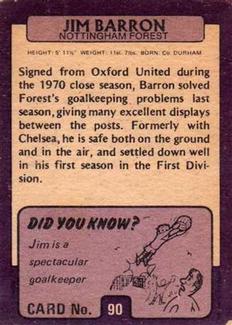 1971-72 A&BC Gum English Footballers (Purple Backs) #90 Jim Barron Back