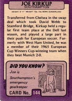1971-72 A&BC Gum English Footballers (Purple Backs) #144 Joe Kirkup Back