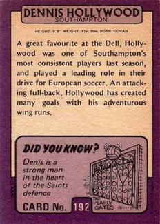 1971-72 A&BC Gum English Footballers (Purple Backs) #192 Dennis Hollywood Back