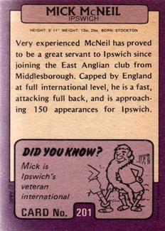 1971-72 A&BC Gum English Footballers (Purple Backs) #201 Mick McNeil Back