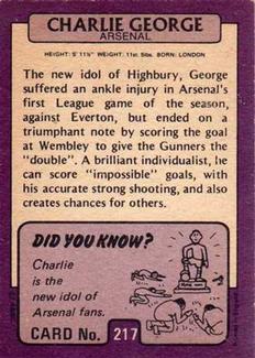 1971-72 A&BC Gum English Footballers (Purple Backs) #217 Charlie George Back