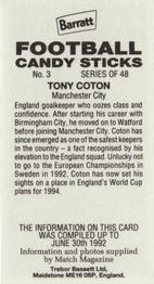 1992-93 Barratt Football Candy Sticks #3 Tony Coton Back