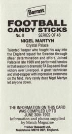 1992-93 Barratt Football Candy Sticks #8 Nigel Martyn Back