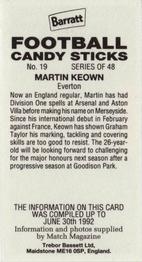 1992-93 Barratt Football Candy Sticks #19 Martin Keown Back