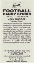 1992-93 Barratt Football Candy Sticks #38 John Aldridge Back