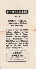 1959 Cadet Sweets Footballers #6 Harry Gregg Back