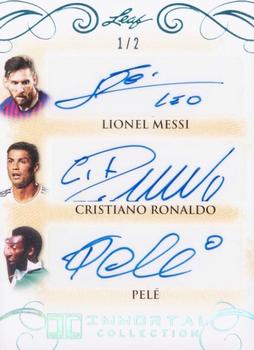 2018 Leaf Soccer Immortal Collection - Triple Autographs Blue #TA-05 Lionel Messi / Cristiano Ronaldo / Pele Front