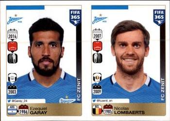 2015-16 Panini FIFA 365 The Golden World of Football Stickers #734 / 735 Ezequiel Garay / Nicolas Lombaerts Front