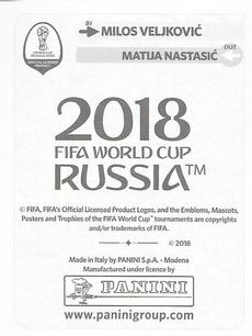 2018 Panini FIFA World Cup: Russia 2018 Update Stickers #418 Milos Veljkovic Back