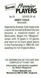 1994 Barratt Premier Players #20 Andy Cole Back