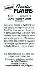 1994 Barratt Premier Players #27 Dean Holdsworth Back