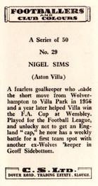 1963 Comet Sweets Footballers and Club Colours #29 Nigel Sims Back