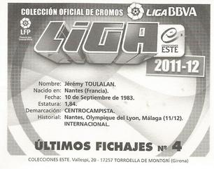 2011-12 Panini Este Spanish LaLiga Stickers - Ultimos Fichajes #4 Jeremy Toulalan Back