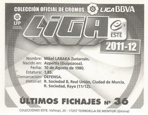 2011-12 Panini Este Spanish LaLiga Stickers - Ultimos Fichajes #36 Mikel Labaka Back