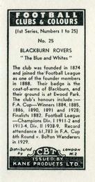 1956 Kane Products Football Clubs and Colours #25 Blackburn Rovers Back