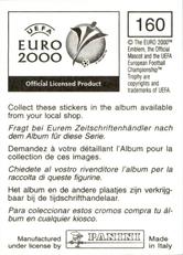 2000 Panini UEFA Euro Belgium-Netherlands Stickers #160 Arif Erdem Back
