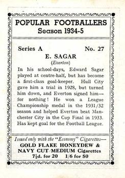 1935 R & J Hill Popular Footballers #27 Ted Sagar Back