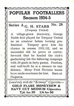 1935 R & J Hill Popular Footballers #28 George Stabb Back