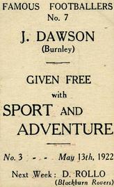 1922 Sport and Adventure Famous Footballers #7 Jerry Dawson Back