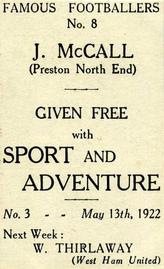 1922 Sport and Adventure Famous Footballers #8 Joe McCall Back