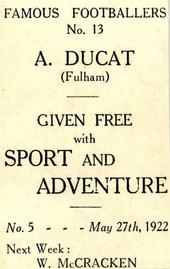 1922 Sport and Adventure Famous Footballers #13 Andy Ducat Back
