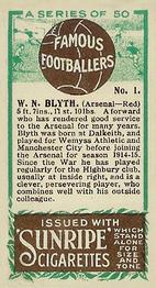 1923 R. & J. Hill Sunripe Cigarettes Famous Footballers #1 Billy Blyth Back
