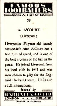 1963 Barratt & Co. Famous Footballers (A11) #36 Alan A'Court Back