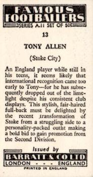 1963 Barratt & Co. Famous Footballers (A11) #13 Tony Allen Back