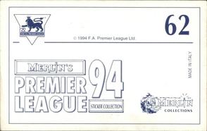1993-94 Merlin's Premier League 94 Sticker Collection #62 Dennis Wise Back
