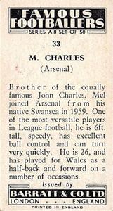 1961 Barratt & Co. Famous Footballers (A9) - A8 Misprint #33 Mel Charles Back