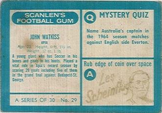 1965-66 Scanlen's Football Gum #29 Johnny Watkiss Back
