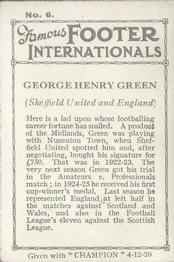 1926 Amalgamated Press Famous Footer Internationals #6 George Green Back