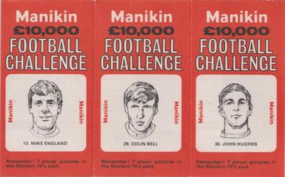 1969 J.R. Freeman Manikin Football Challenge - Uncut Trebles #12 / 29 / 30 Mike England / Colin Bell / John Hughes Front