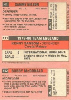 1980-81 Topps Footballer (Pink Back) #142 / 111 / 41 Bobby McDonald / Kenny Sansom / Sammy Nelson Back