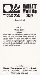 1974 Barratt World Cup Stars #16 Hristo Bonev Back