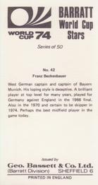 1974 Barratt World Cup Stars #42 Franz Beckenbauer Back