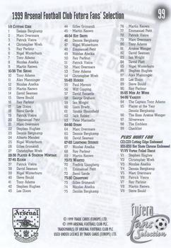 1999 Futera Arsenal Fans' Selection #99 Checklist Back
