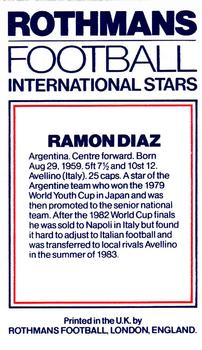 1984 Rothmans Football International Stars #NNO Ramon Diaz Back